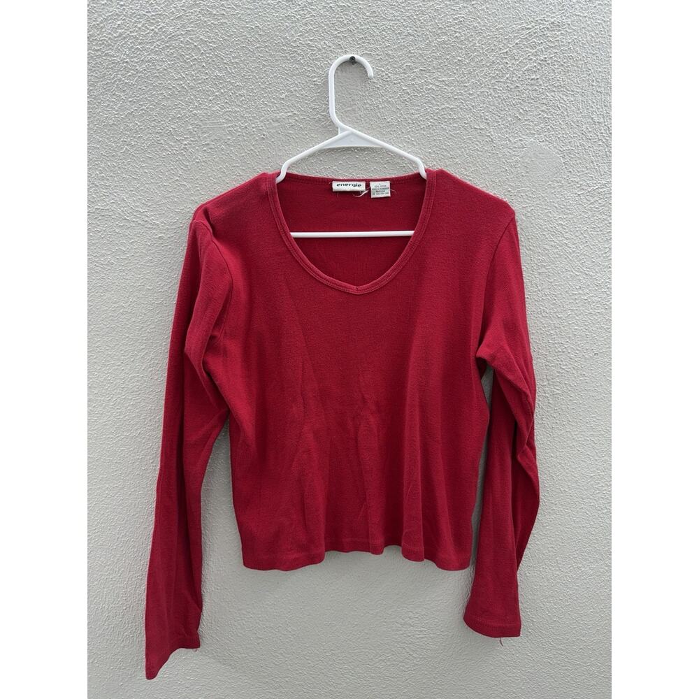 Energie Womens Shirt Size Large Red Long Sleeve V-Neck Ribbed
